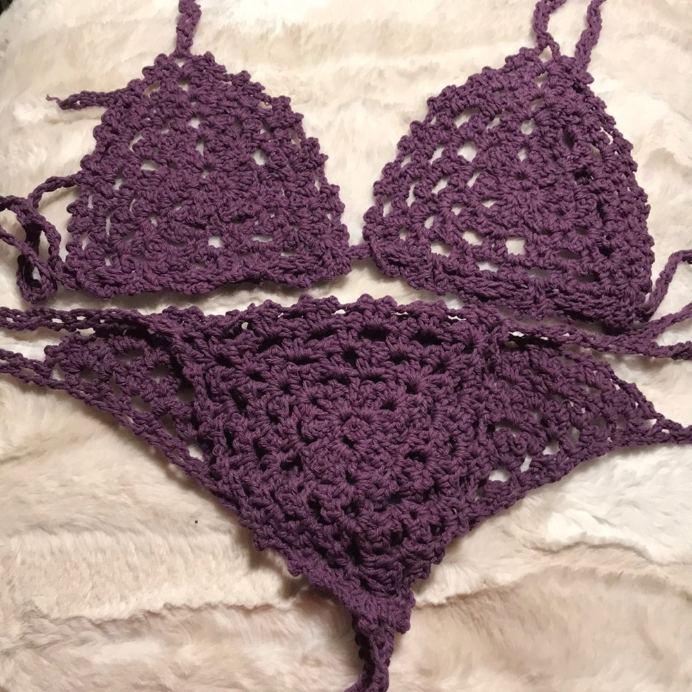 Purple Crochet Bikini Thong Set